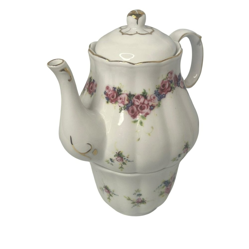 Vintage Floral Porcelain Stacking Teapot and Teacup Set with Gold Accents - Picture 7 of 11